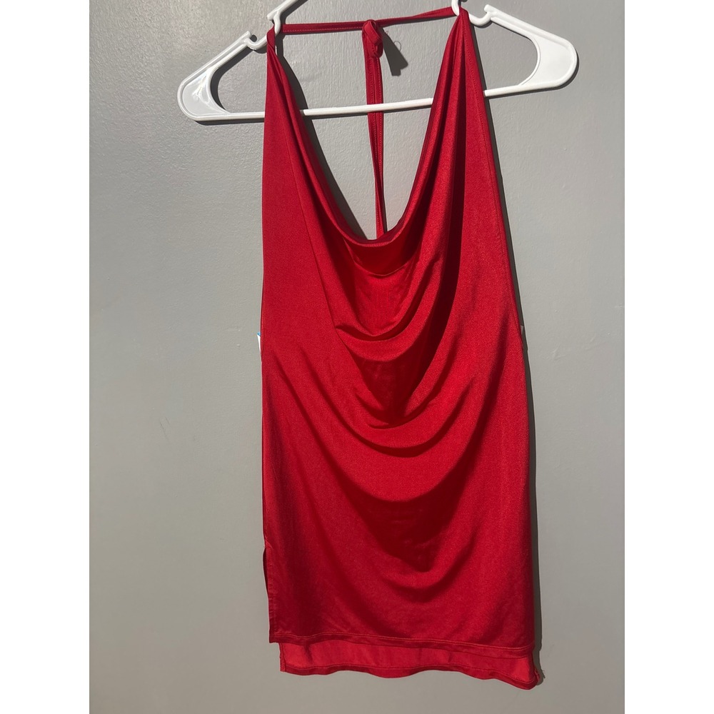 Sabora Red Halter Mini Dress Cowl Neck Open Back Side Slit Clubwear Size M